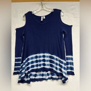 Alya Boho Navy & White Tie-Dye Tunic Cold Shoulder Waffle Knit Top Festival,